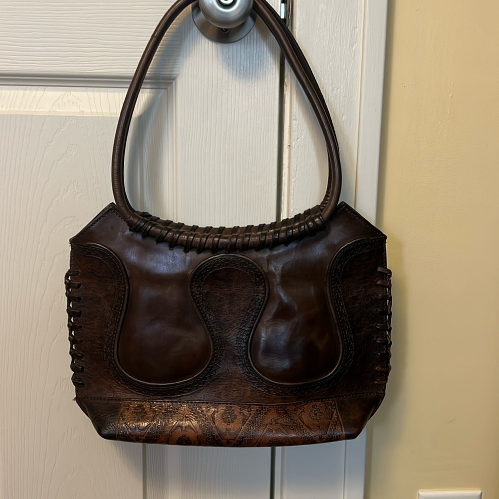 Anna Cainzo vintage leather brown tooled bag.